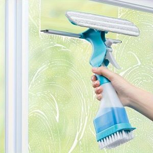 4-in-1 Glass & Window Cleaning Brush: Multi-Purpose Scrubbing, Spraying, Wiping & Scraping Tool for Bathroom, Mirrors, Windows, Glass, Tile